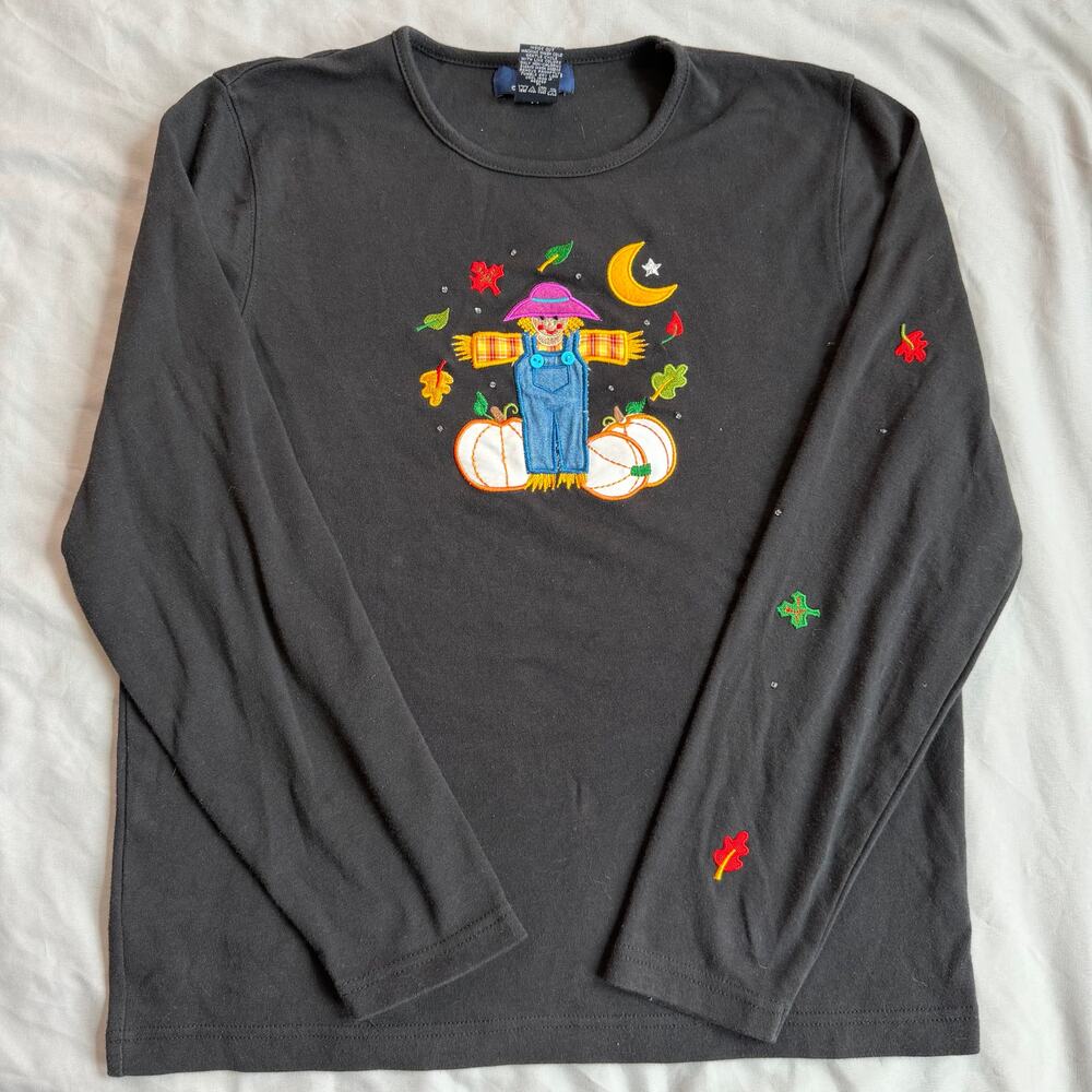 Casual Corner Petite Large Fall Scarecrow Graphic Long Sleeve Shirt Black PL